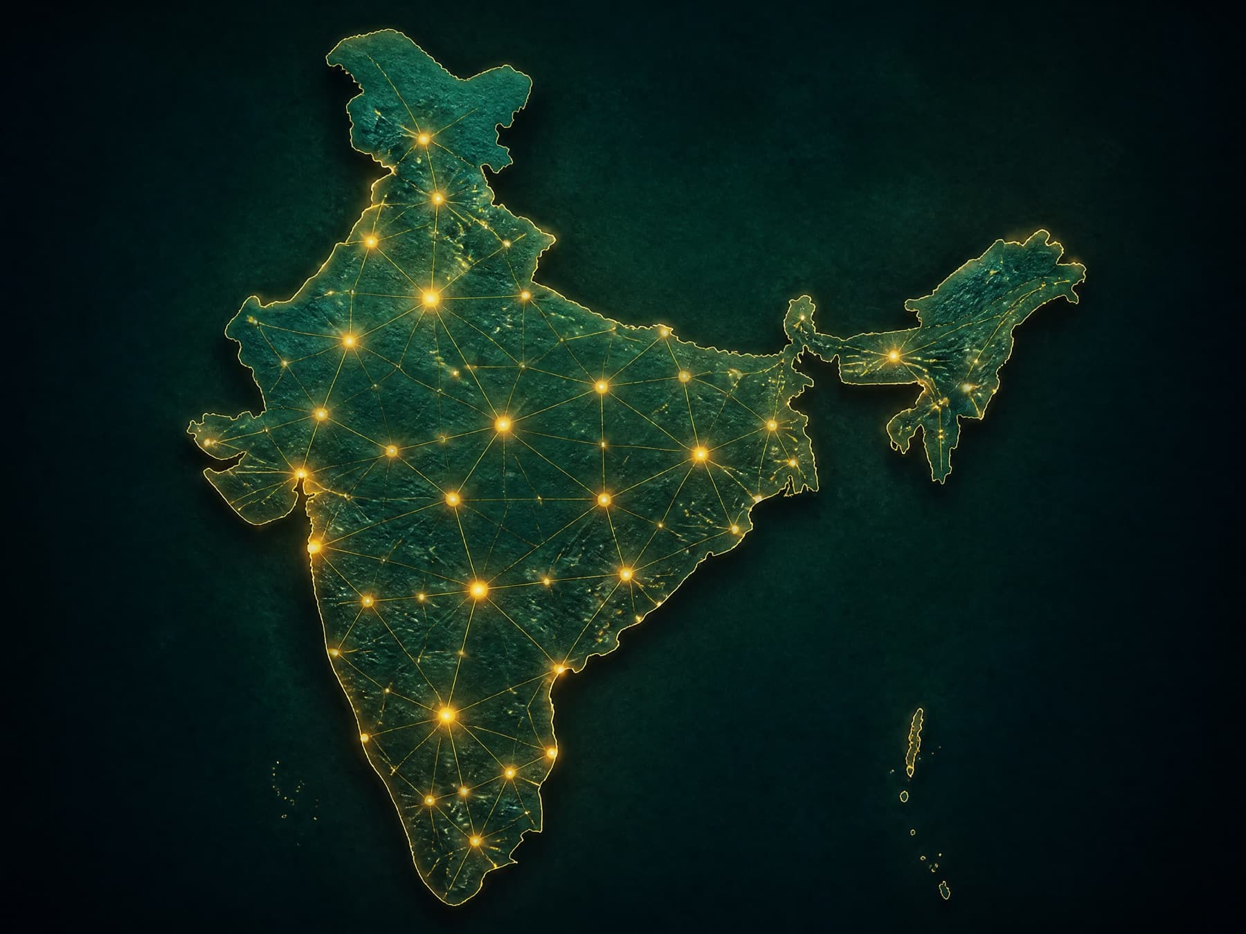 A map of India glowing with warm nodes across states and districts, joined by faint connecting lines.